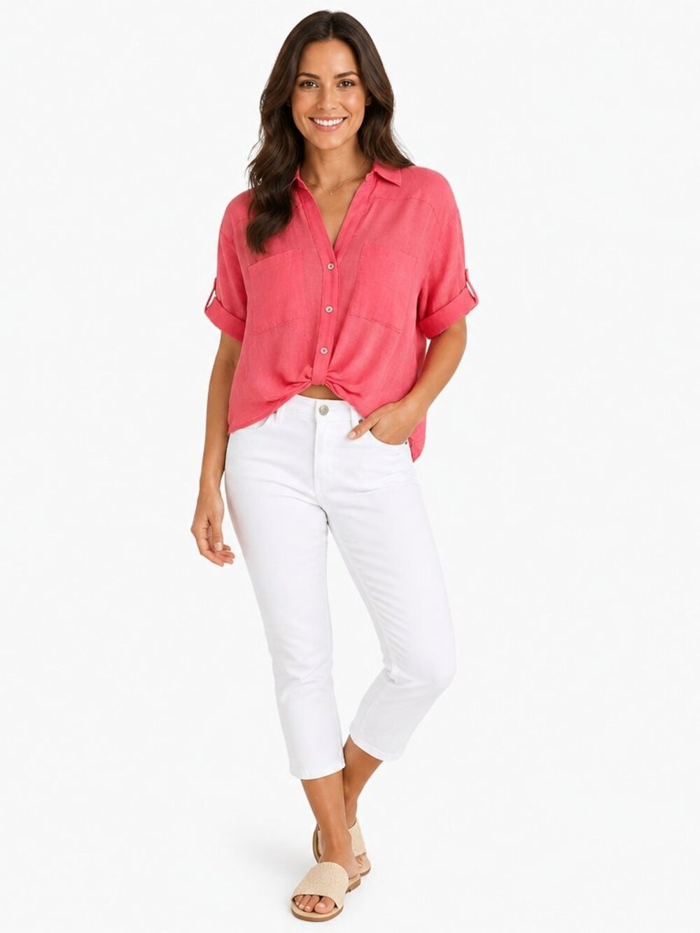 Lily Star Coral Short Sleeve Button Blouse w/Knot Front Hem | Size M